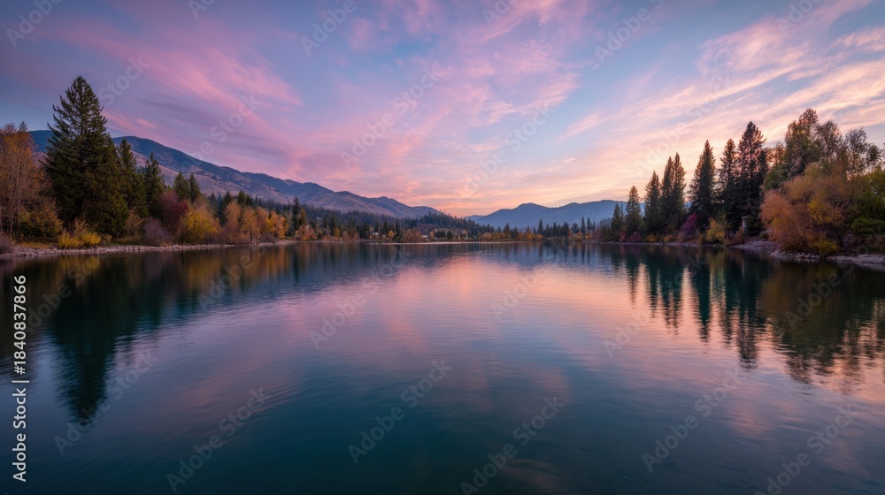 Fototapeta premium Serene Lake Reflection at Twilight: A Stunning Landscape with Pink and Blue Sky and Forest Scenery