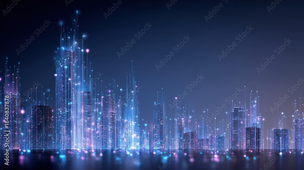 Fototapeta premium Futuristic Cityscape with Digital Network Connections, High-Tech Innovation, Artificial Intelligence Infrastructure, and Glowing Data Streams