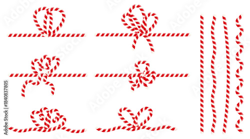 A set of bows made of red and white cotton twine. Elegant, minimalist gift wrapping for New Year and Christmas. Bow for packaging or letters. Vector illustration.