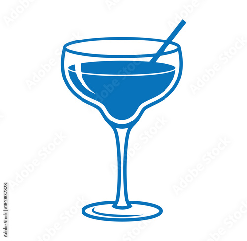 Isolated vector illustration of a blue cocktail in a classic martini glass with straw