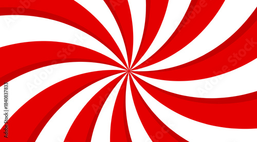 Christmas candy swirl background with red-striped candy canes. Radial peppermint lollipop pattern, festive Xmas vortex texture, vector illustration for holiday designs.