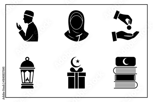 Islamic icons representing key aspects of faith and practice. Featuring icons for prayer, charity, and traditions. 