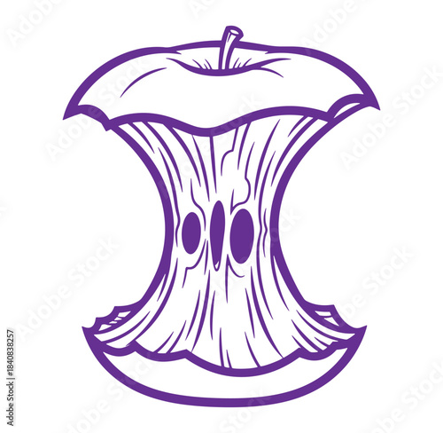 Purple outline illustration of an apple core showing the remnants of a delicious fruit