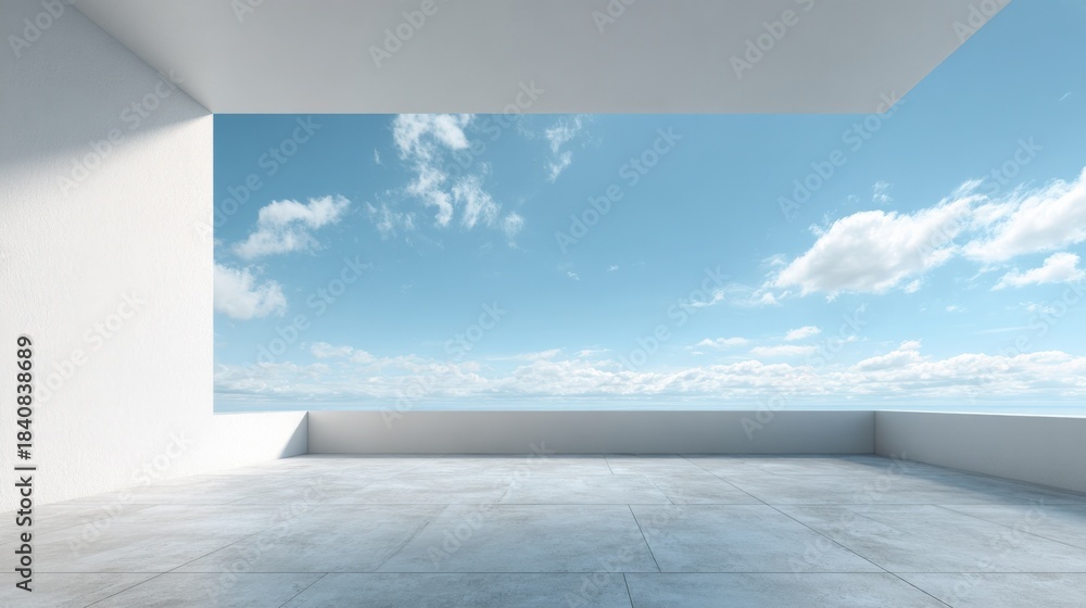 Fototapeta premium Minimalist Architecture Overlooking Bright Blue Sky, Empty Concrete Balcony, Modern Design, Tranquil Scene