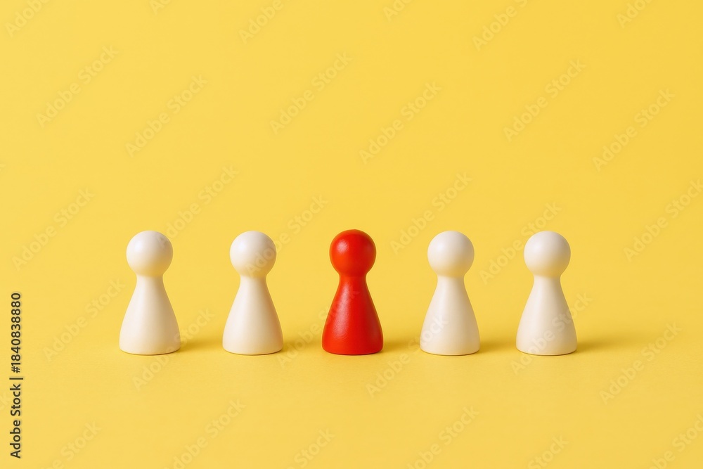 Obraz premium Red Game Piece Standing Out Among White Pawns on a Yellow Background Depicting Individuality