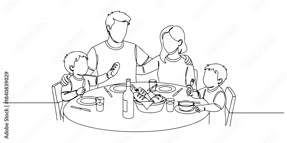 Obraz premium Continuous one line of a family sharing a meal at a table, symbolizing connection, comfort, and quality time, hand drawn vector illustration.