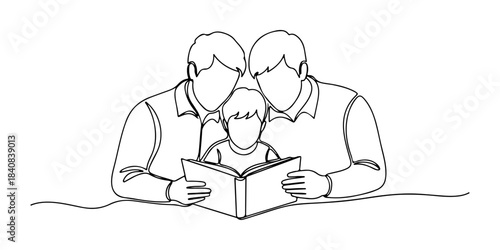 Continuous one line of a parent reading a book to a child, representing bonding, learning, and nurturing moments, hand drawn vector illustration.