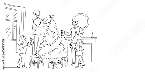 Continuous one line of a family decorating their home together, representing teamwork, joy, and meaningful shared traditions, hand drawn vector illustration.