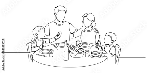 Continuous one line of a family sharing a meal at a table, symbolizing connection, comfort, and quality time, hand drawn vector illustration.
