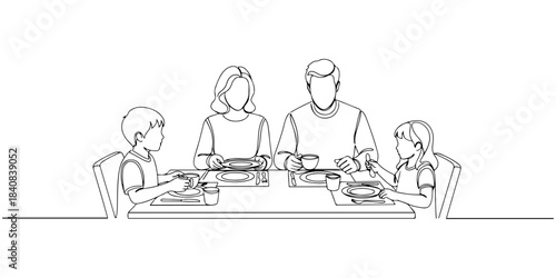 Continuous one line of a family sharing a meal at a table, symbolizing connection, comfort, and quality time, hand drawn vector illustration.