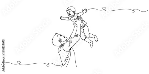 Continuous one line of a parent lifting a child into the air, representing joy, trust, and emotional closeness, hand drawn vector illustration.