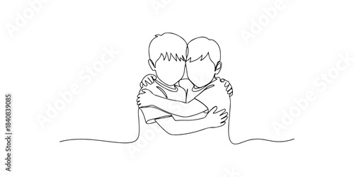 Continuous one line of a sibling hugging gently, symbolizing support, comfort, and meaningful relationships, hand drawn vector illustration.