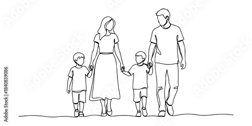 Continuous one line of a family walking together outdoors, symbolizing harmony, exploration, and shared experiences, hand drawn vector illustration.