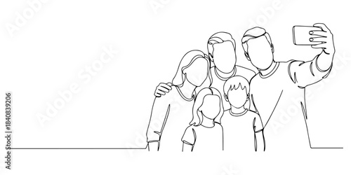 Continuous one line of a family taking a group photo together, representing memories, unity, and happy moments, hand drawn vector illustration.