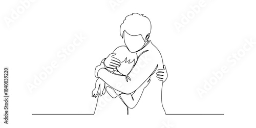 Continuous one line of a parent comforting a child with a gentle hug, representing safety, compassion, and emotional connection, hand drawn vector illustration.