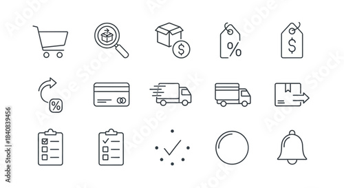 A set of outline icons representing e-commerce, online shopping, delivery services, and business transactions, including cart, search, payment, and notification symbols.