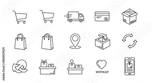 Collection of e-commerce and online shopping line icons including cart, delivery, payment, package, bag, location, return, and wishlist symbols.