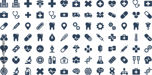Medical icon set, healthcare symbols collection, hospital medicine vector icons, pharmacy, emergency, dental, laboratory, flat blue design, ui, web, infographic