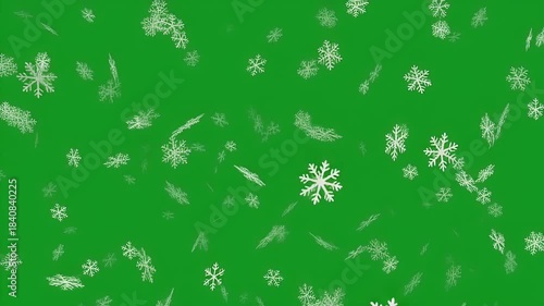 Snowflakes falling on green screen winter wonderland effect.