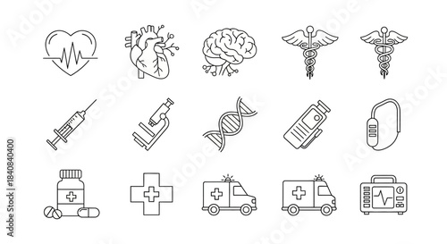 Collection of minimalist line art medical and healthcare icons, featuring organs, tools, emergency vehicles, and scientific symbols.