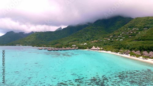 Scenic Aerial shot of Plage de Temae Public Beach in Moorea French Polynesia