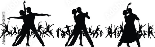 Silhouette ballroom dancers performing tango waltz and latin choreography, elegant couples celebrating passion rhythm movement on white background illustration art