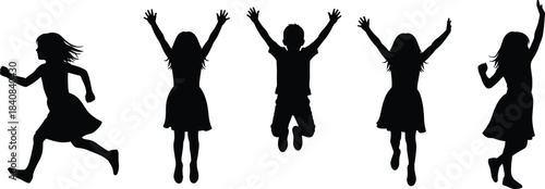 Silhouette children jumping, playful kids celebration, happy childhood joy, active youth energy, isolated black silhouettes on white background, fun movement