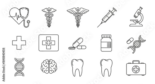 Set of medical and healthcare outline icons featuring stethoscope, caduceus, syringe, microscope, pills, DNA, brain, tooth, and first aid kit.