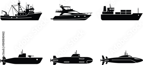 Silhouette, fishing boat, luxury yacht, cargo ship, military submarine, ocean vessel, underwater craft, marine transport, naval, maritime, illustration