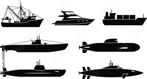 Silhouette, watercraft, fishing trawler, luxury yacht, cargo ship, submarine, military vessel, marine transport, ocean vehicle, naval design, underwater