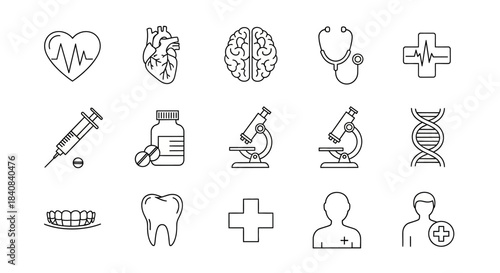 Set of medical and healthcare line icons depicting various human organs, tools, and symbols for health, science, and hospital themes.