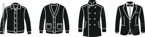 Stylized jacket icons, fashion illustration, coat silhouettes, outerwear design, clothing vector, garment types, stylish apparel, wardrobe elements, trendy layers