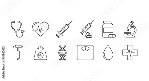 A collection of line art icons representing various medical, health, and science concepts on a clean white background.