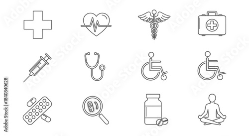 A collection of outline icons representing various medical, health, and wellness concepts on a white background.