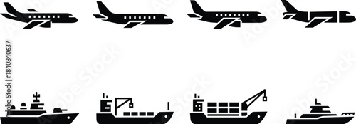 Transportation icons set featuring airplanes and ships silhouettes, aviation and maritime vehicles, logistics travel symbols, black vector illustration collection