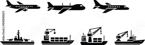 Transportation vehicles silhouettes, airplanes and ships, logistics cargo transport, aviation maritime icons set, black flat design, industrial shipping illustration vector