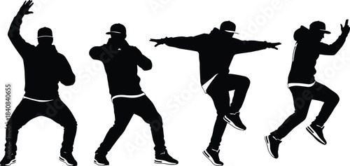 Urban hip hop dancer silhouettes performing dynamic street dance moves isolated on white background, modern music culture concept illustration artwork