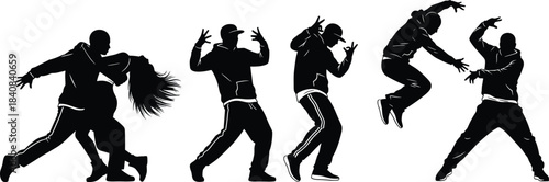 Urban hip hop dancers silhouette collection, street dance moves jumping poses, black male female figures, modern music culture action art