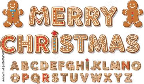 Festive gingerbread alphabet letters spelling 'Merry Christmas' perfect for holiday greetings and decorations