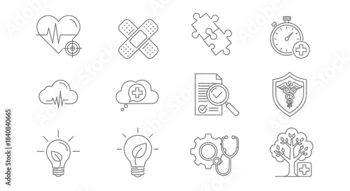 Collection of line art icons representing health, medical technology, innovation, and environmental concepts.
