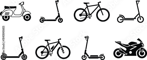 Urban transport vehicle icons set, scooter, bicycle, electric scooter, motorcycle silhouettes, modern mobility, black vector illustration isolated white