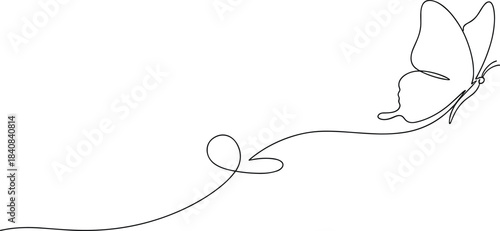 A delicate continuous line drawing of a butterfly in flight, forming a loop and trailing line