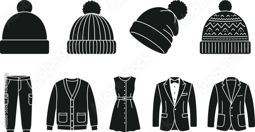 Winter hats, cargo pants, cardigan, sleeveless dress, tuxedo jacket, suit styles, fashion icons, clothing set, wardrobe design, apparel collection
