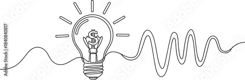 Creative one-line art outlining a light bulb containing a dollar sign, connected to an energetic wave, signifying the valuable spark of an idea leading to financial success and innovative progress