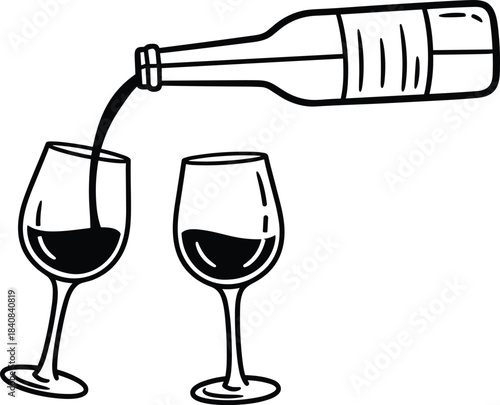 Pouring Dark Red Liquid from a Bottle into Two Wine Glasses