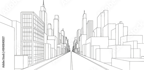 Perspective illustration of a modern cityscape with tall buildings lining a straight road