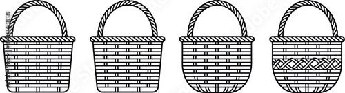 Woven basket collection, rustic handmade design, rope handle detail, traditional weaving pattern, craft texture, decorative storage, artisan home decor