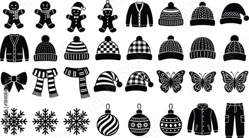 Winter holiday icons, gingerbread cookies, festive sweaters, snowflakes, scarves, Santa hats, ornaments, butterflies, seasonal fashion, Christmas decorations, cozy style