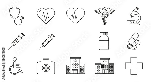 Collection of medical and healthcare line icons including stethoscope, heart, syringe, hospital, and first aid kit.