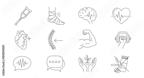 A collection of line art icons representing various aspects of health, medicine, fitness, and well-being, including physical and mental health symbols.